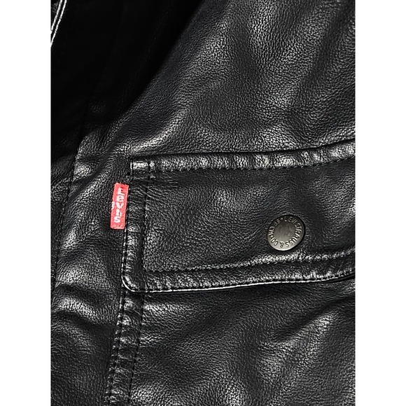 Levis Faux Leather Trucker Sherpa-Lined Jacket Black Zip Snap Button Biker Men L - Picture 14 of 16